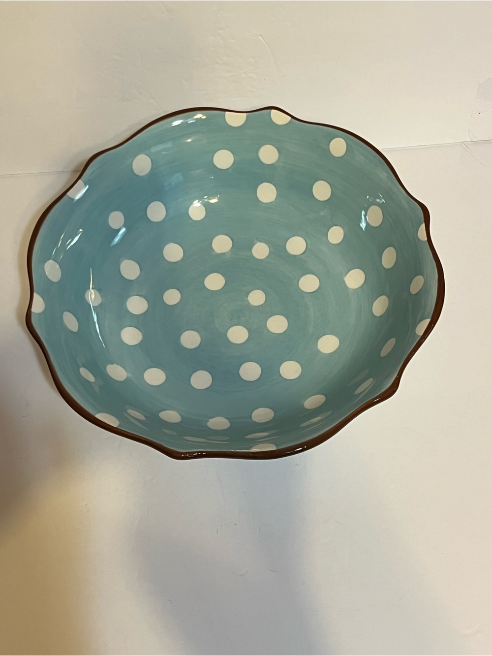 Paula Deen -Turquoise Polka Dot with Brown Trim Scallop Ceramic Bowl